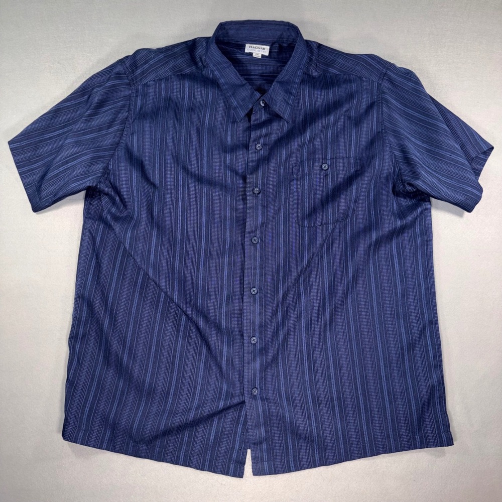 Haggar Cool 18 Tec Shirt Mens XXL Navy Blue Striped Short Sleeve Button Down